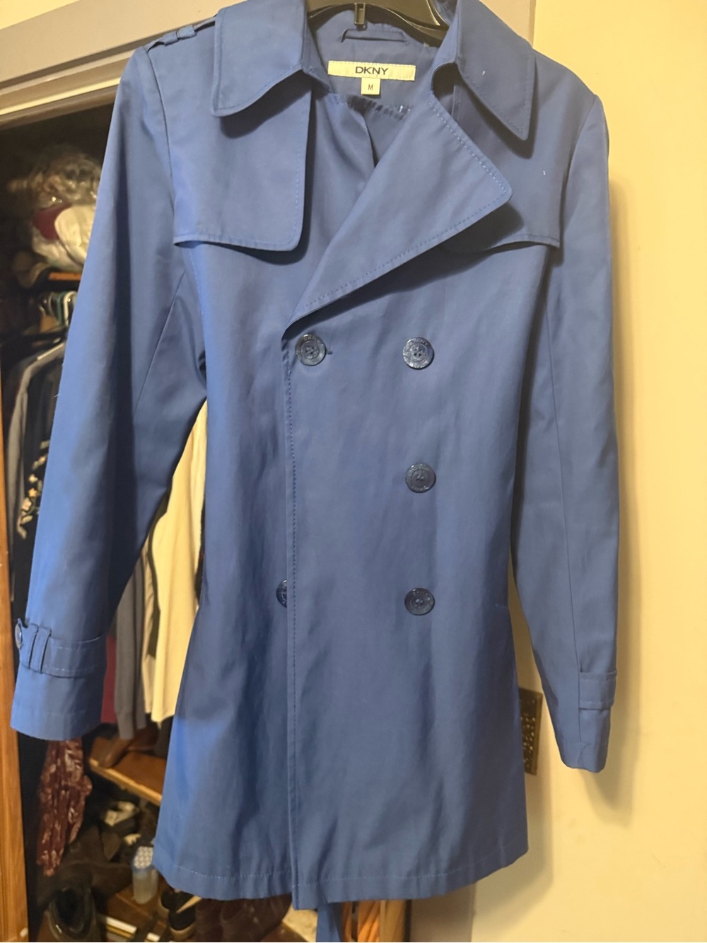 DKNY Men's Blue Double-Breasted Trench Coat with Wide Collar